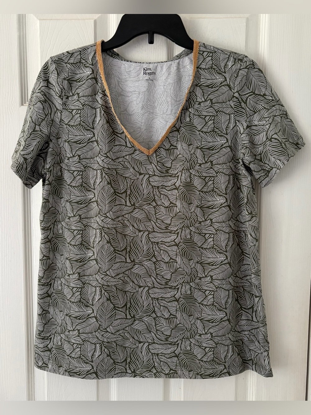 Kim Rogers Olive Leaf-Print V-Neck Tee with Gold Trim